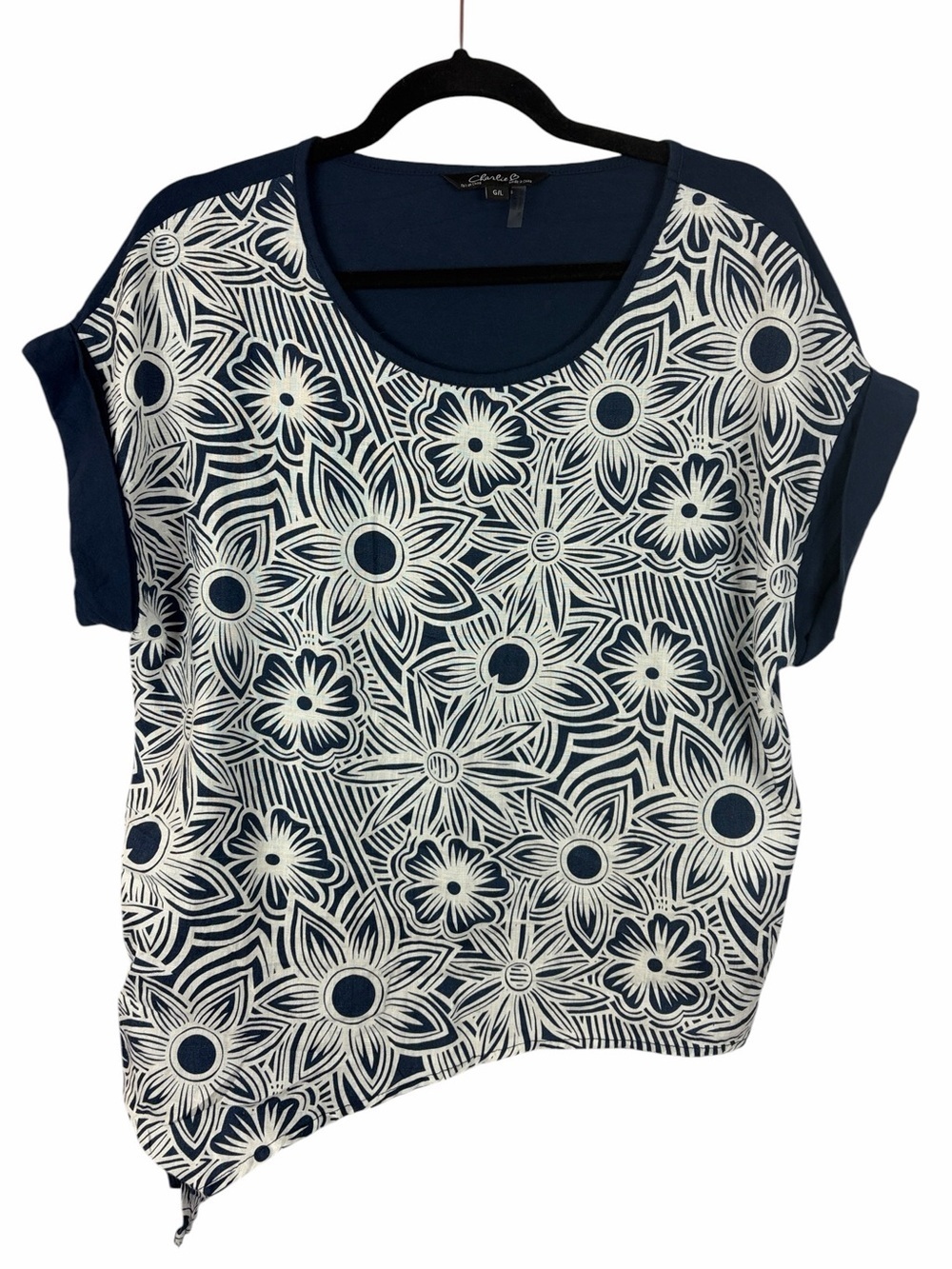 Charlie B Navy Blue & White Floral Linen Blend Asymmetrical Side Tie Top Large